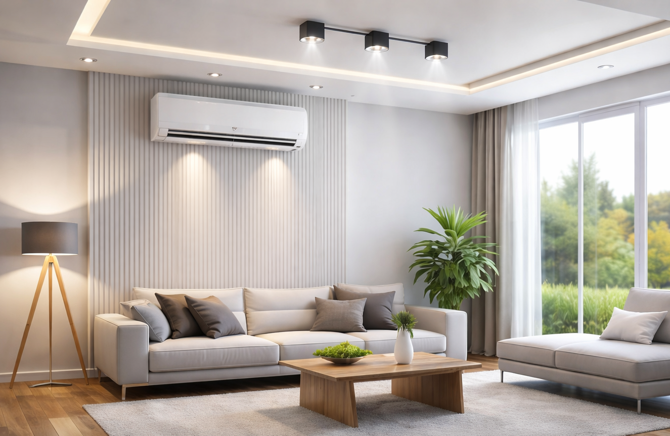 modern living room with green garden view copy